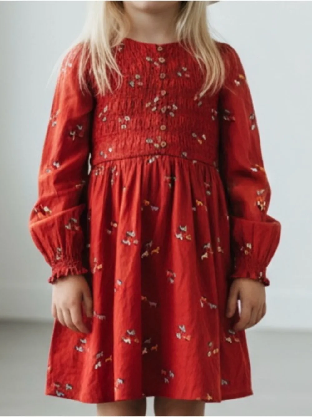 NWT- Cat & Jack Girls' Orange Long-Sleeve Smocked Horse-Print Dress